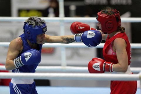Sofia, Bulgaria - 26 February, 2021: Angelina Lukas (red) of Kazakhstan and Lacramioara Perijoc of
