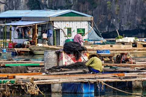 Fishermen work on a floating platform in front of a house on calm waters surrounded by steep