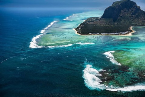 Underwater waterfall, optical illusion, natural phenomenon, aerial view, reef, coral reef, fringing