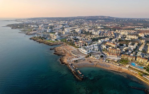 Coastline of touristic village of Pernera, Protaras Cyprus. Drone aerial scenery of holiday resort
