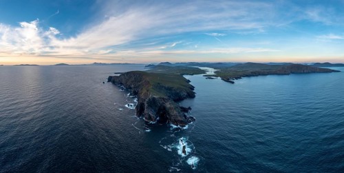 Aerial panorama landscape of the Bray Head cliffs on Valentia Island at dusk