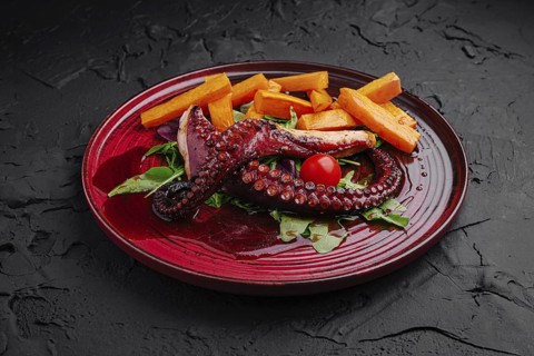 food still-life, A beautifully arranged dish features grilled octopus, bright red cherry tomatoes,