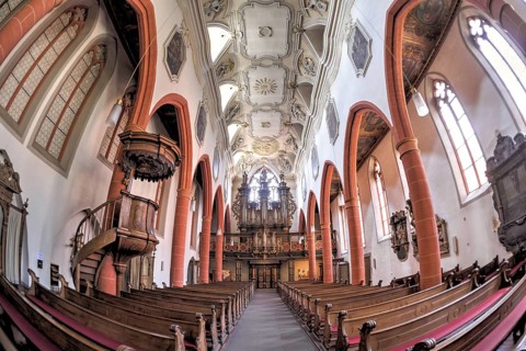 Interior of the town church of Limburg in a distorted wide-angle shot, Limburg an der Lahn, Germany