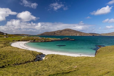 Sandy beach beach in the strait, Caolas Bhatarsaigh, Vatersay, Barra Island, Outer Hebrides,
