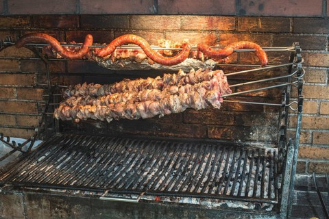 Grilled meal on a skewer in restaurant