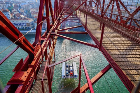 The gondola of Biscay Suspension Bridge in Portugalete. Bilbao, Basque country, Spain. Flying ferry