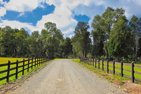 Farm for breeding horses. Gravel road between the walled green lawns