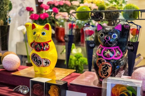 Colourful Maneki-neko figures in a Japanese shop window
