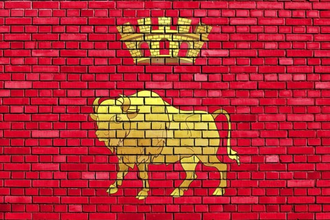 Flag of Grodno Region painted on brick wall