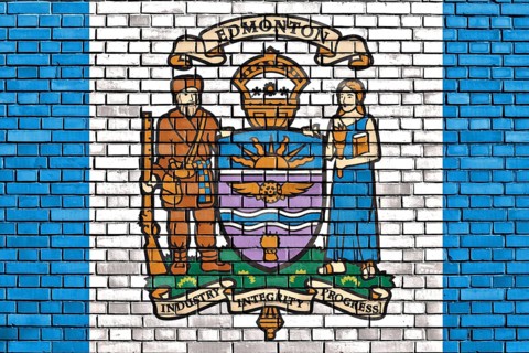 Flag of Edmonton painted on brick wall