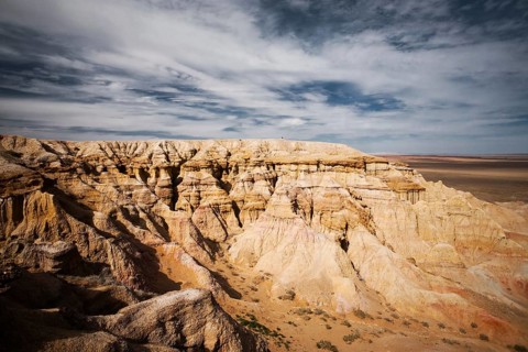 The flaming cliffs of Bayanzag, a region in the Gobi desert of Mongolia famous for discoveries of