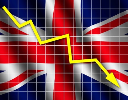 The British flag and arrow graph going down