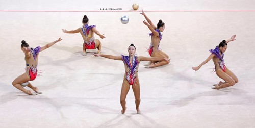 Sofia, Bulgaria - 26 March, 2021: Team Estonia perform during the 5 Balls group qualifications at