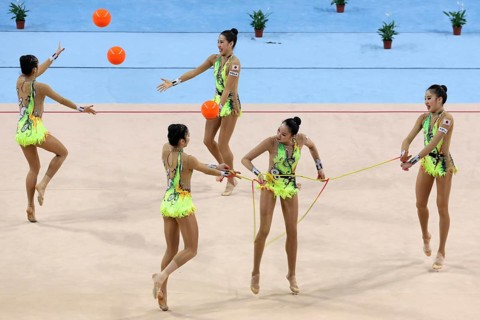 Sofia, Bulgaria - 1 April, 2018: Team Japan performs with balls and ropes during Rhythmic
