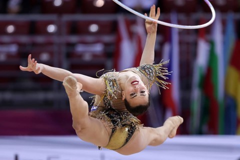 Sofia, Bulgaria - 27 March, 2021: Linoy Ashram of Israel performs during the individual Hoop final