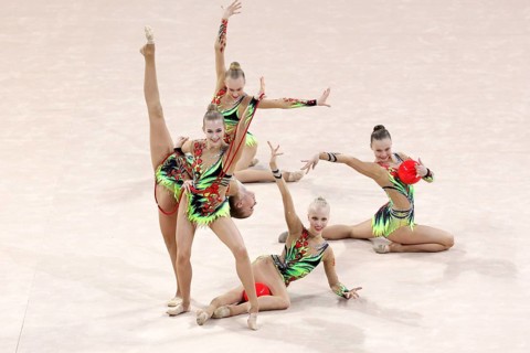 Sofia, Bulgaria - 6 May, 2017: Team Finland performs during Rhythmic Gymnastics World Cup Sofia