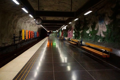 Fragment of the interior of the Tensta metro station in Stockholm