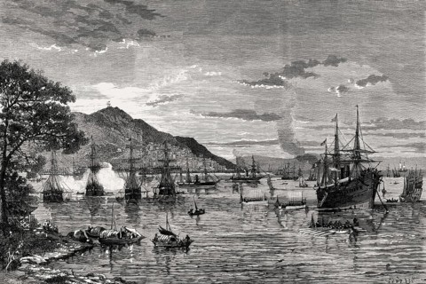 The French fleet at anchor off Kowloon, Hong Kong Island and the city of Victoria, 1860
