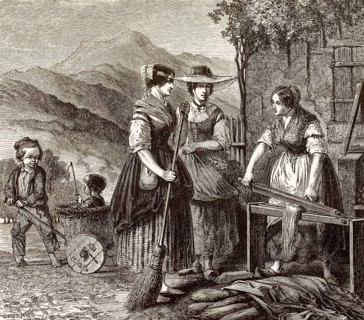 Flachsverarbeitung mit Brechhebel, Vogesen, 18. Jahrhundert, Frauen in französischer Tracht