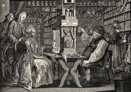The Quack Doctor from Switzerland, Michel Schuppach, in his pharmacy examining a young woman's