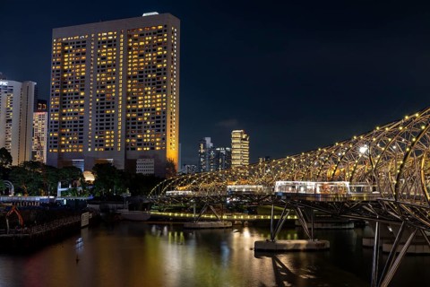 The Helix Bridge, double helix pedestrian bridge with DNA lights, Marina Bay, Singapore, Singapore