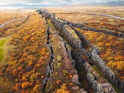 Aerial view of Thingvellir National Park, famous area in Iceland right on the spot where the