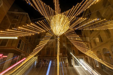 Lighting in the historic centre, night shot, zoom effect, Campo San Luca, Venice, Italy