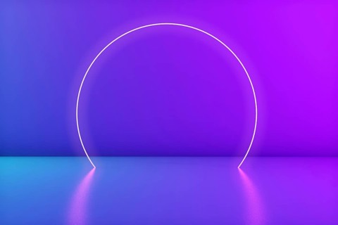 Glowing neon circle in the room. Stage for product or text. Trendy colors. 3d rendering. Copy space