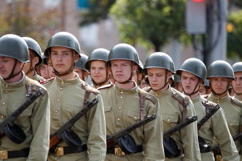 Belarus, Gomel, 09 May 2017. soldiers in the form of the Second World War in helmets