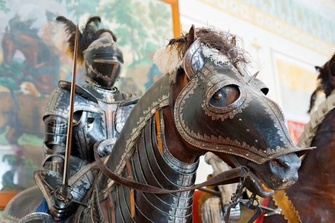 ST. PETERSBURG - JUNE 30, 2011: One of knights mannequins on horses at Knights Hall of the