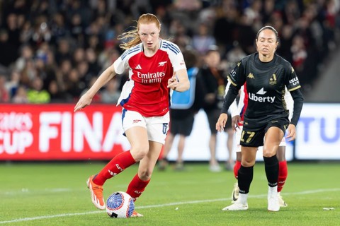 MELBOURNE, AUSTRALIA, MAY 24: Katie Reid of Arsenal Women FC competes against A-League All Stars