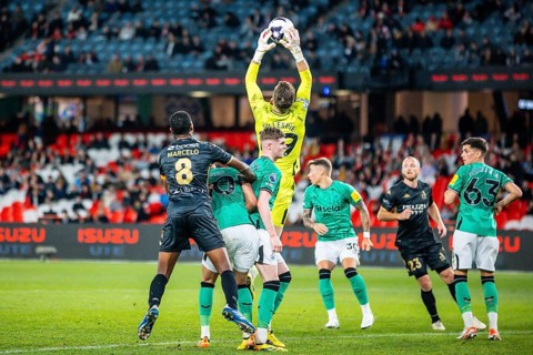 MELBOURNE, AUSTRALIA, MAY 24: Mark Gillespie of Newcastle United saves whilst playing A-League All