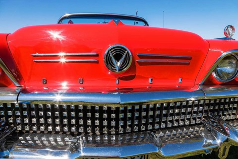 Front of a red classic American car