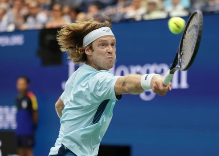 Tennis player Andrey Rublev of Russia in action at the US Open 2024 Championships, Billie Jean King