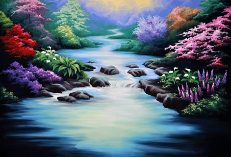 Theatre backdrop featuring forest and stream
