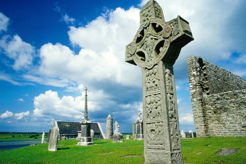 Celtic cross, monastery and ruins of Glonmacnoise, Ireland