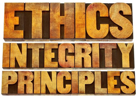 Ethics, integrity and principles word abstract - isolated text in grunge letterpress wood type