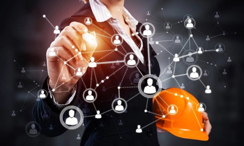Businesswoman pointing on abstract 3d network. Back view of woman engineer in business suit and