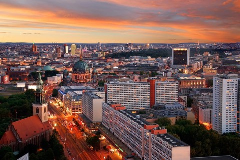 Aerial image of berlin skyline with potsdamer platz and berliner dom at dawn