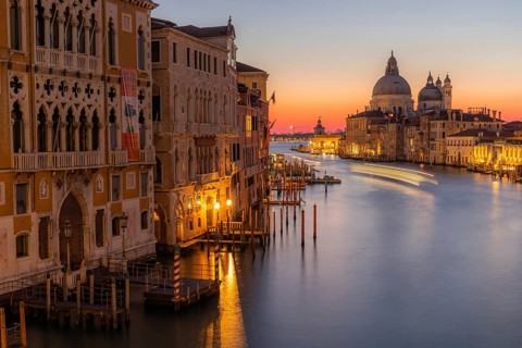 Morning atmosphere in front of sunrise, view of the Grand Canal from the Ponte dell' Accademia,