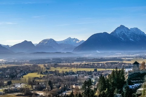 Top view on Salzburg city from Hohensalzburg fortress at winter, Salzburg Austria