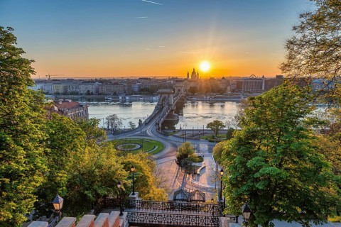Budapest Hungary, sunrise city skyline at Danube River with Chain Bridge and St. Stephen's Basilica