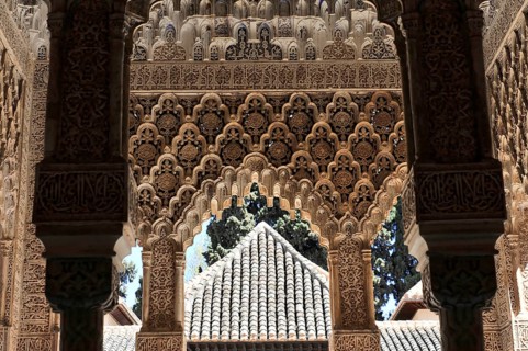 Alhambra, Granada, Andalusia, Spain, Europe, Ornate Islamic arcades with complex patterns that play