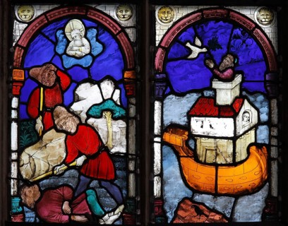 Stained glass in the choir, fratricide (Cain and Abel) and Noah's Ark, St., Sankt, Saint