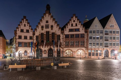 Half-timbered houses in a historic city centre, wheelhouse on the Römerberg taken in the morning