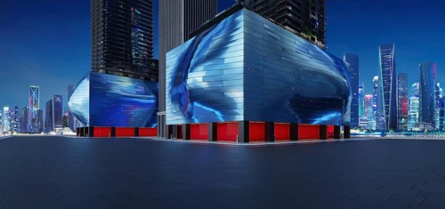 Perspective horizontal view of empty ground floor with modern building and beautiful nigh city