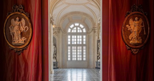 Venaria Reale, Italy, 16 July 2023: luxury gallery perspective, decorative marble, indoor, nobody,