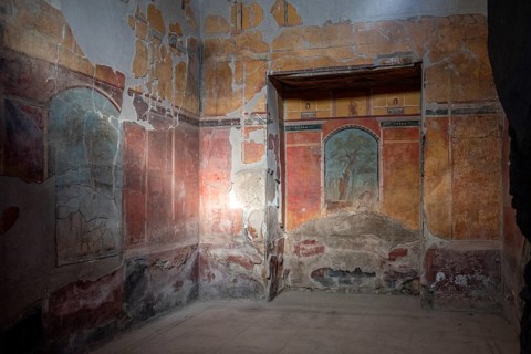 OPLONTIS, ITALY, MAY 03, 2022, Scenic frescos on the wall of famous Villa Oplontis, ancient Roman