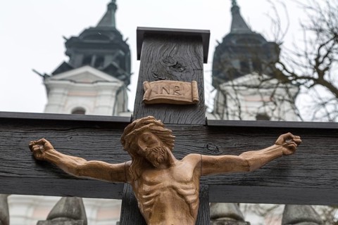 Jesus Christ on the cross. Symbolic photo for Good Friday, Easter and Resurrection. Linz, Upper