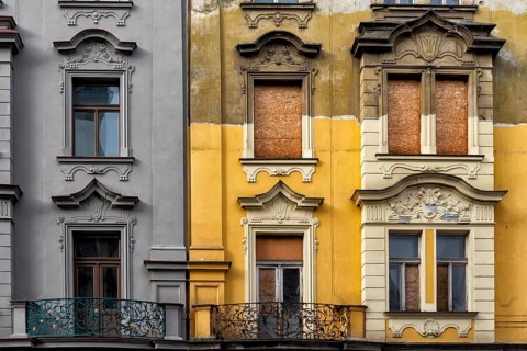 Historic building under construction in the historic centre of Prague in the Czech Republic